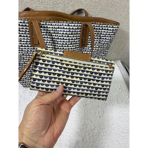 Fossil Blue White Leather Explorer Tote Bag with Matching Billfold Wallet Travel - Picture 11 of 13